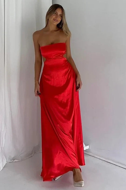 Red Satin One-Shoulder Evening Dress with High Slit and Draped Silhouette