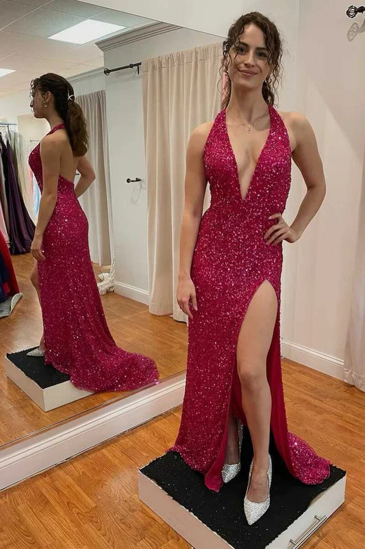 Hot Pink Sequin Mermaid Prom Dress with Plunging V-Neck and High Slit