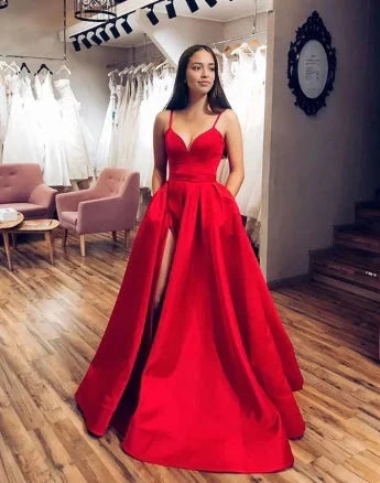 Red camisole long dress with deep V-neckline and thin camisole design. The skirt has a high slit on the side, suitable for dinners, dances, etc by YiHuiw