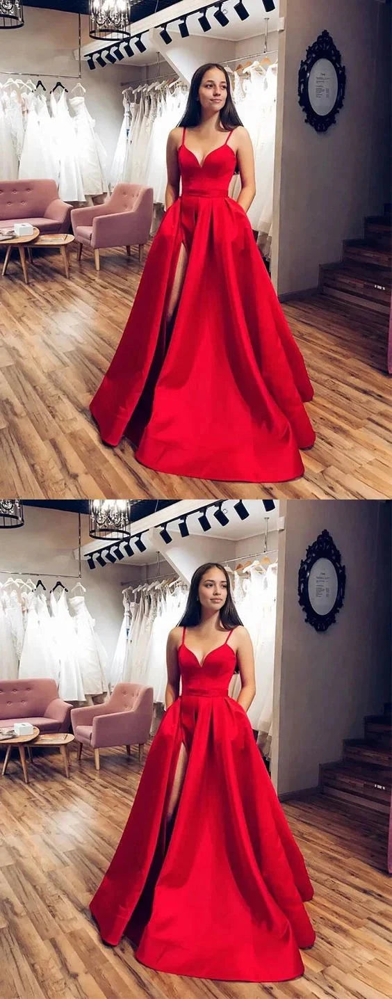 Red camisole long dress with deep V-neckline and thin camisole design. The skirt has a high slit on the side, suitable for dinners, dances, etc by YiHuiw