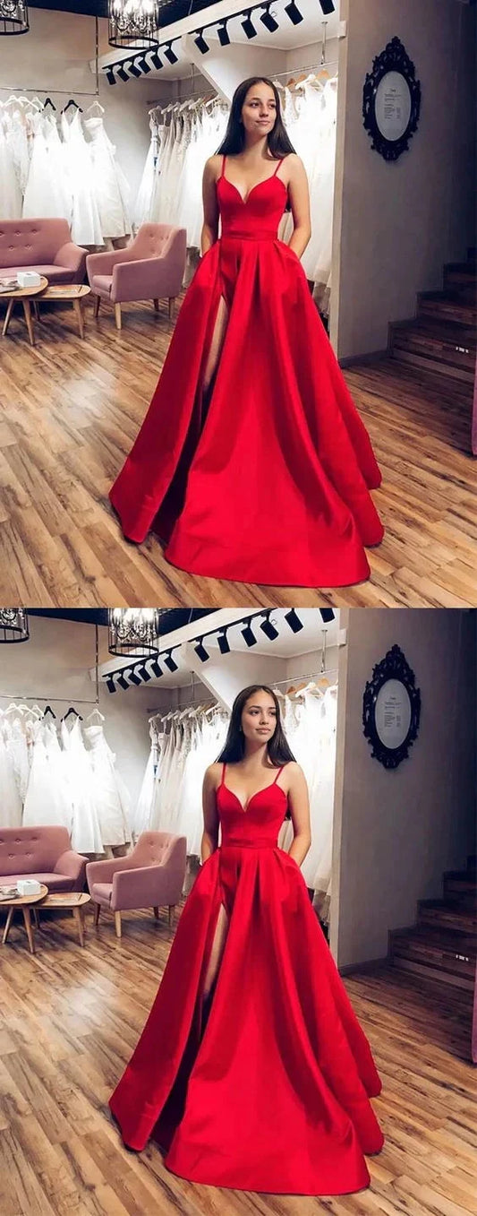 Red camisole long dress with deep V-neckline and thin camisole design. The skirt has a high slit on the side, suitable for dinners, dances, etc by YiHuiw