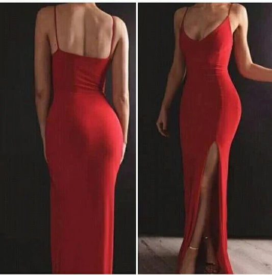 Red camisole long dress with deep V-neckline and thin camisole design. The skirt has a high slit on the side, suitable for dinners, parties, etc by YiHuiw