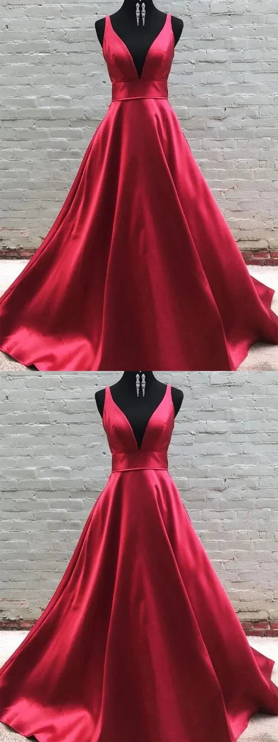 Red deep V-strap long dress dress with deep V-neckline and thin straps suitable for dinners, red carpets, etc by YiHuiw