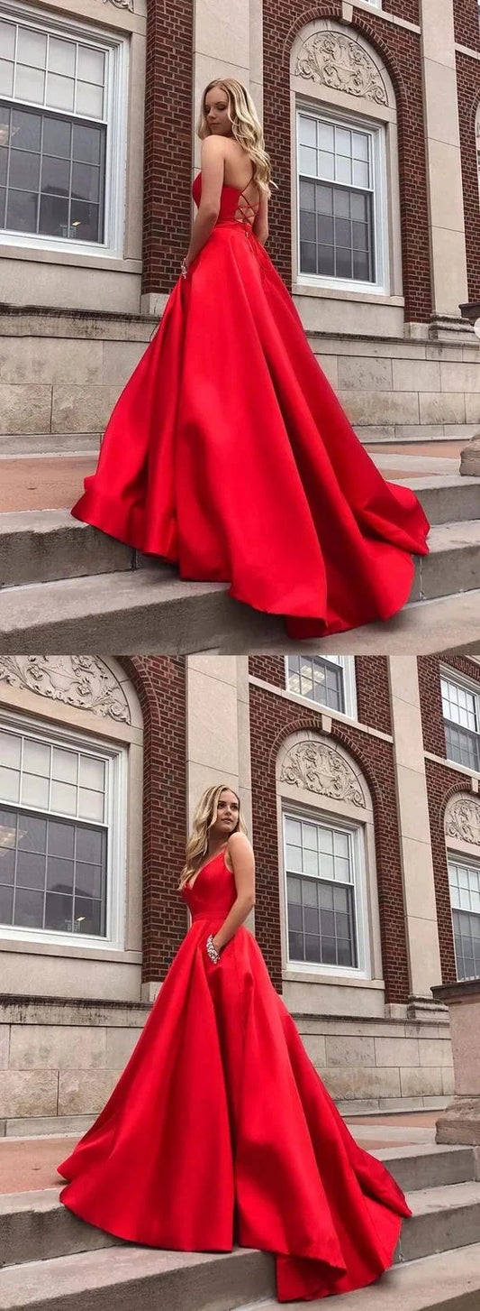 Red long camisole dress with deep V-neckline suitable for dinners, red carpets by YiHuiw