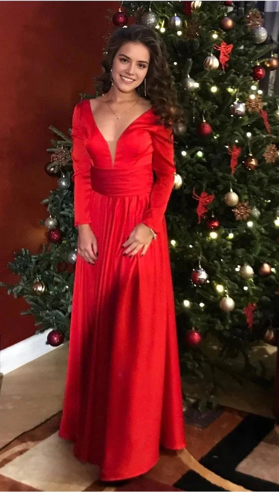 Red long sleeved dress with deep V-neck design, long sleeved design with waist cinching treatment suitable for dinners, celebrations, etc by YiHuiw