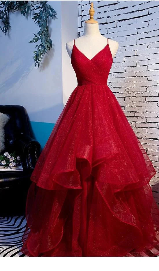 Red mesh dress with suspender, deep V-neck tie, fine shimmer, suitable for dinner parties by YiHuiw