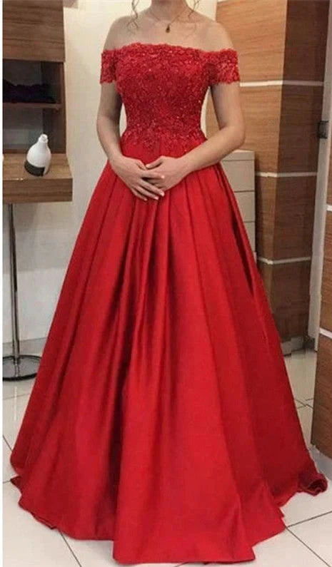 Red off shoulder long dress with lace pattern decoration suitable for dinners, etc by YiHuiw