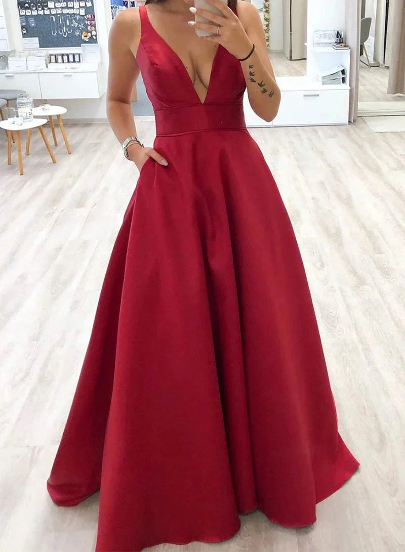 Red satin dress with deep V-strap, suitable for occasions such as dinners and dances by YiHuiw