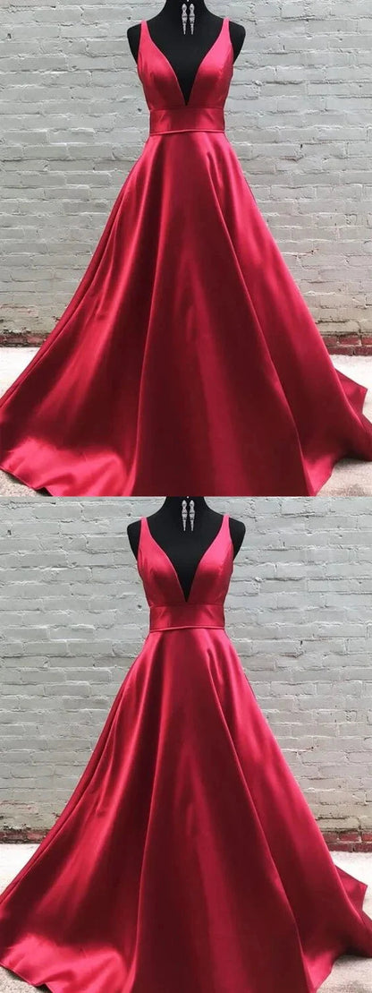 Red satin dress with deep V-strap design, high waist and large skirt suitable for dinners, dances and other occasions by YiHuiw