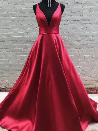 Red satin dress with deep V-strap design, high waist and large skirt suitable for dinners, dances and other occasions by YiHuiw