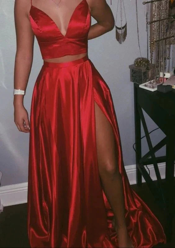 Red satin set, camisole deep V short top suitable for dinners, dances and other occasions by YiHuiw