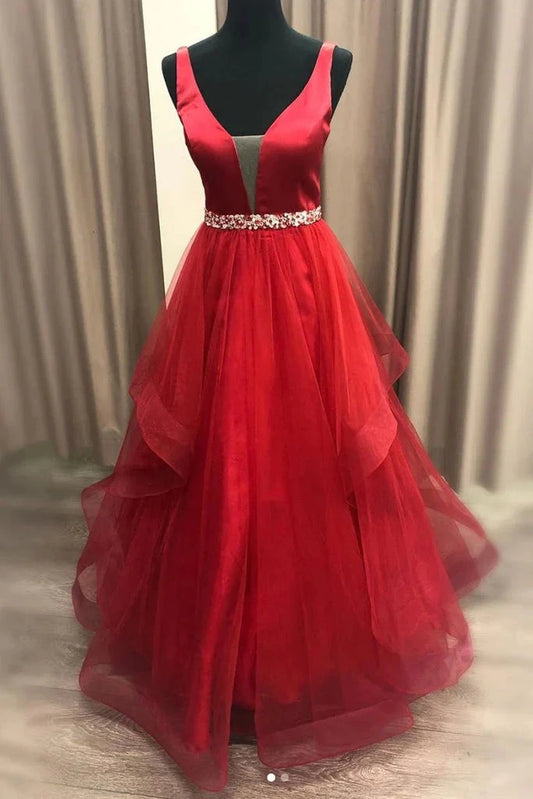 Red sleeveless long dress with a deep V-neckline design and a diamond studded waistband at the waist, perfect for dinners, parties, etc by YiHuiw