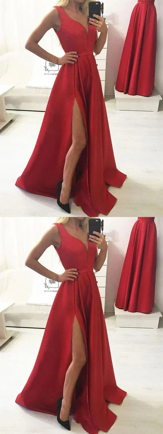 Red sleeveless long dress with deep V-neckline design is perfect for formal occasions such as dinners and red carpets by YiHuiw