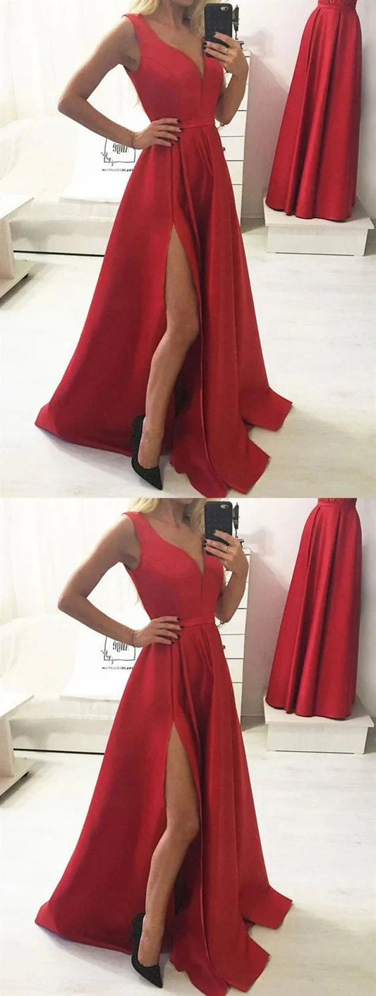 Red sleeveless long dress with deep V-neckline design is perfect for formal occasions such as dinners and red carpets by YiHuiw