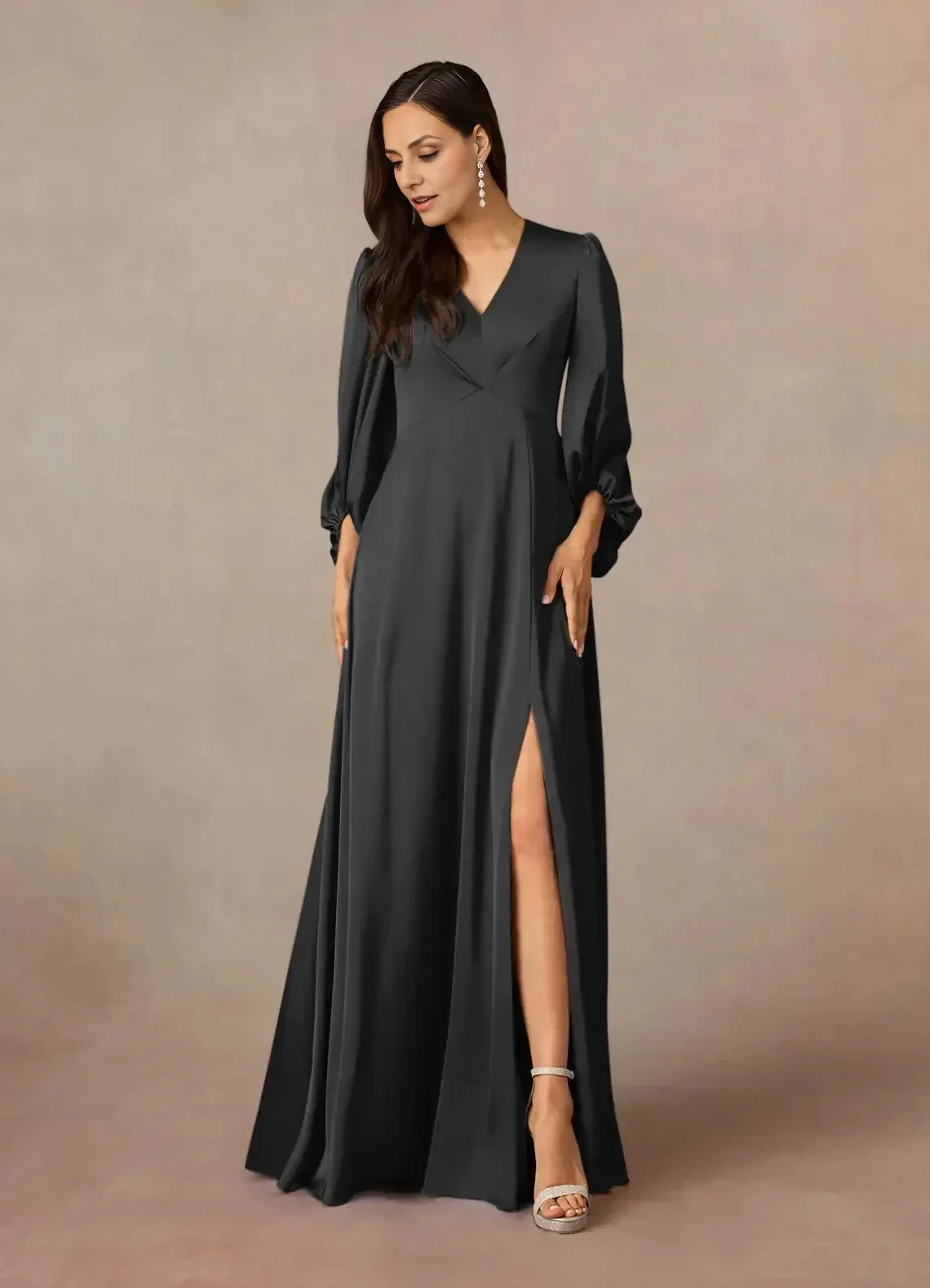 Refined A Line V Neck Bishop Sleeve Ruched Back Floor Length Mother of the Bride Dress by YiHuiw