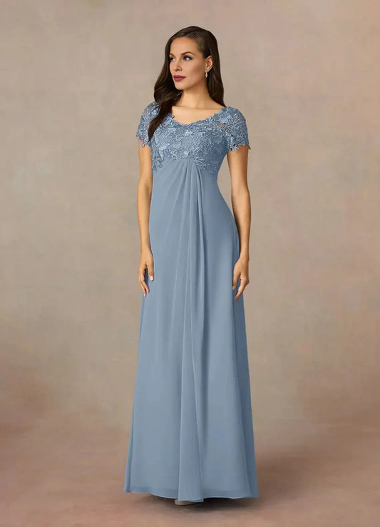 Refined A Line V Neck Cap Sleeve Lace Back Floor Length Mother of the Bride Dress by YiHuiw