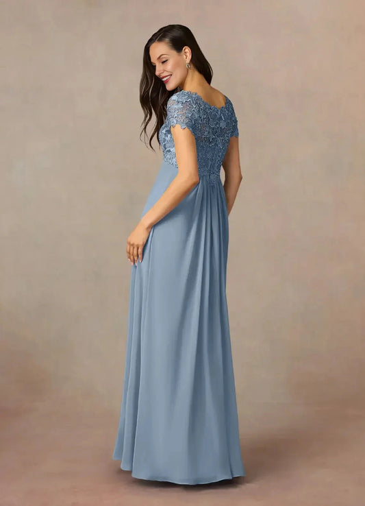 Refined A Line V Neck Cap Sleeve Lace Back Floor Length Mother of the Bride Dress by YiHuiw