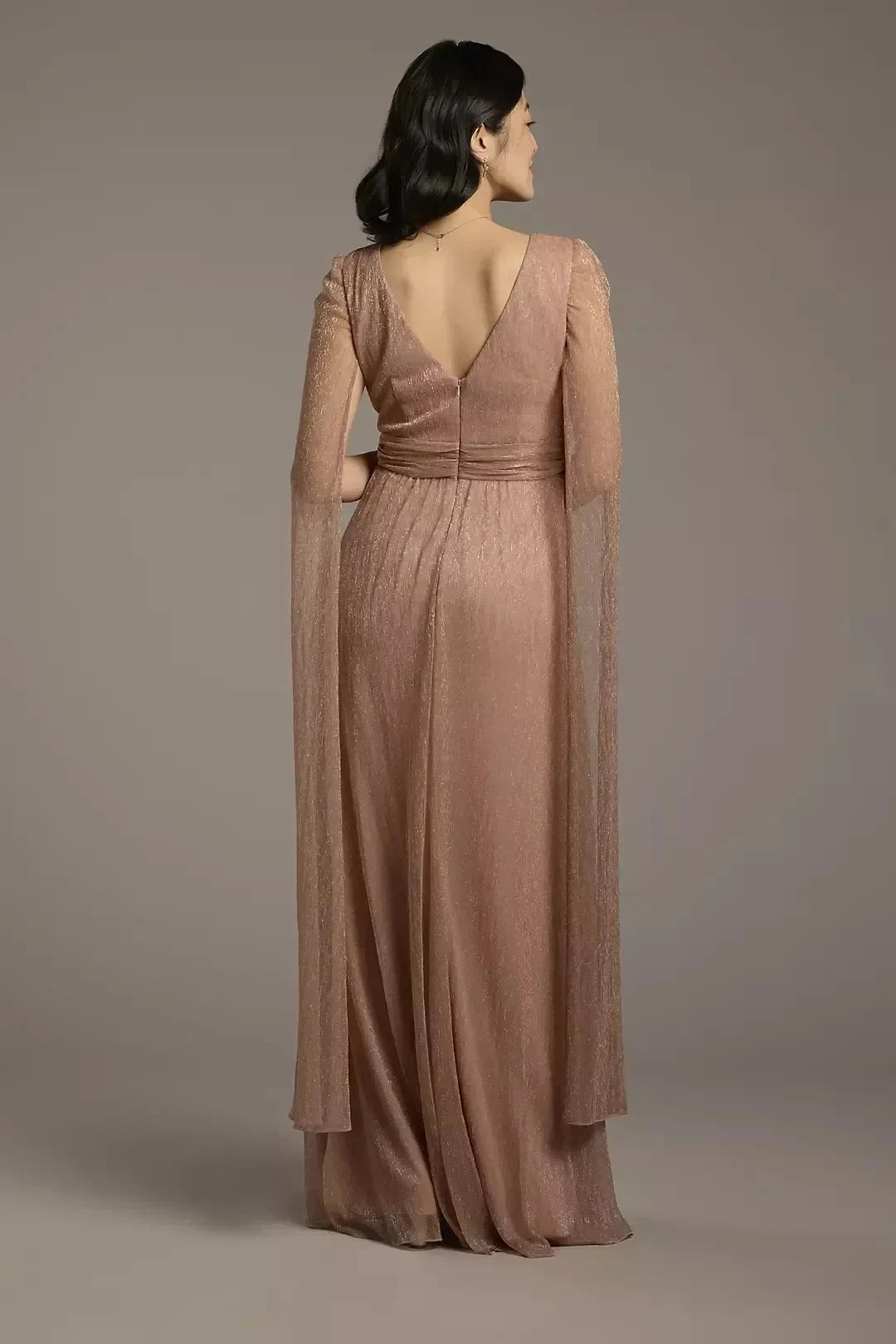 Refined A Line V Neck Cape Sleeve Draped Back Floor Length Mother of the Bride Dress by YiHuiw