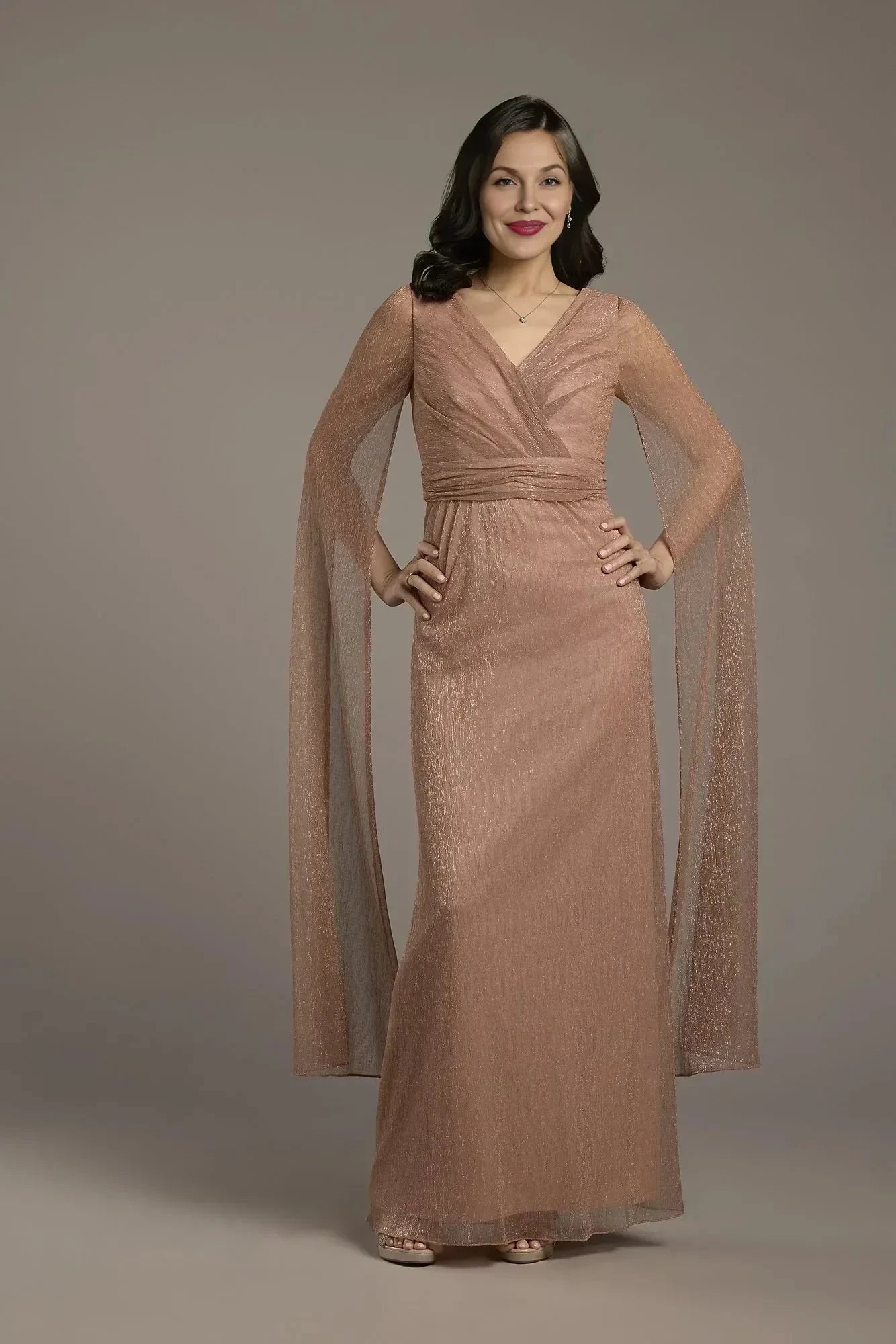 Refined A Line V Neck Cape Sleeve Draped Back Floor Length Mother of the Bride Dress by YiHuiw