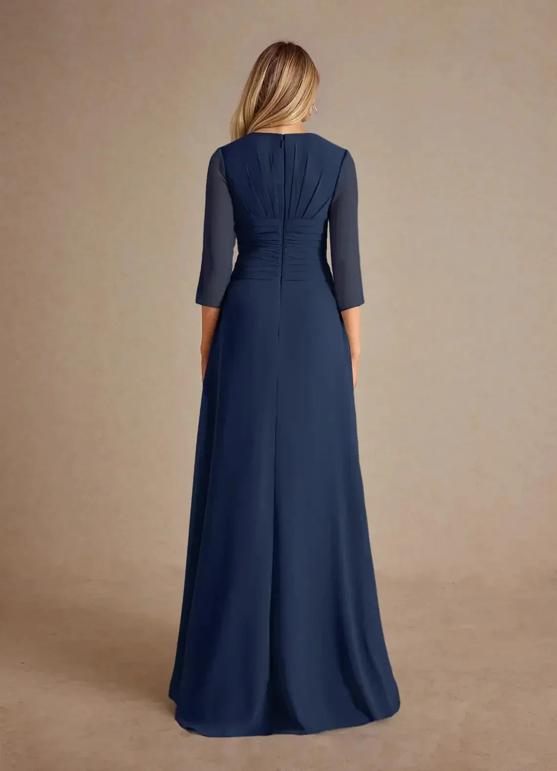 Refined A Line V Neck Three Quarter Sleeve Ruched Back Floor Length Mother of the Bride Dress by YiHuiw