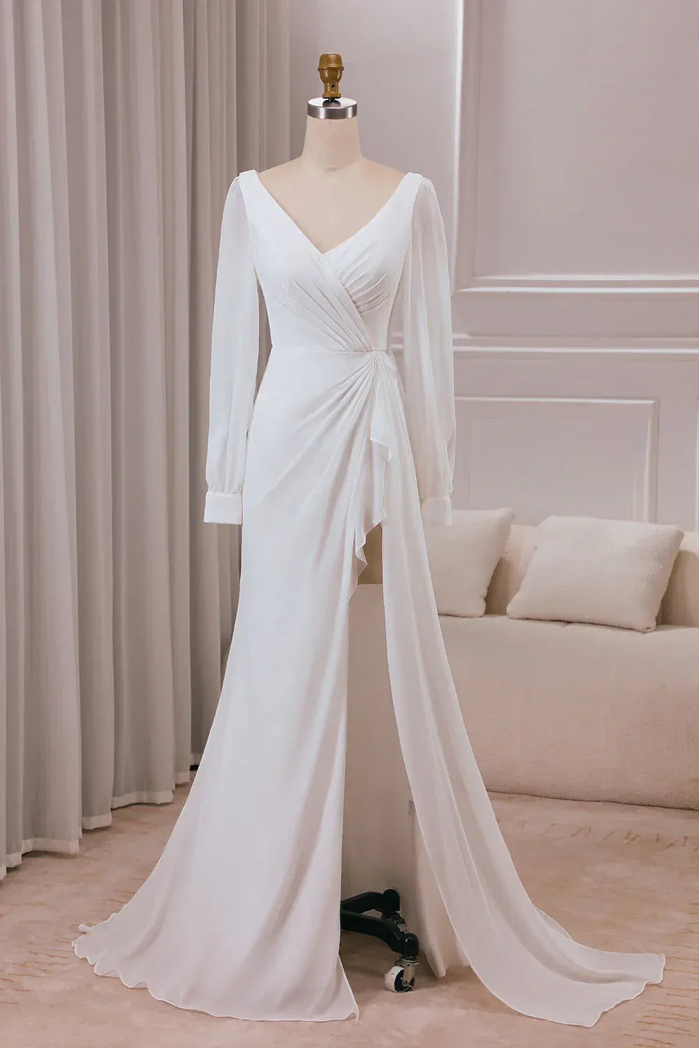 Mermaid Chiffon Bishop Sleeve High Slit Wedding Dress - Yihuiw by Yihuiw