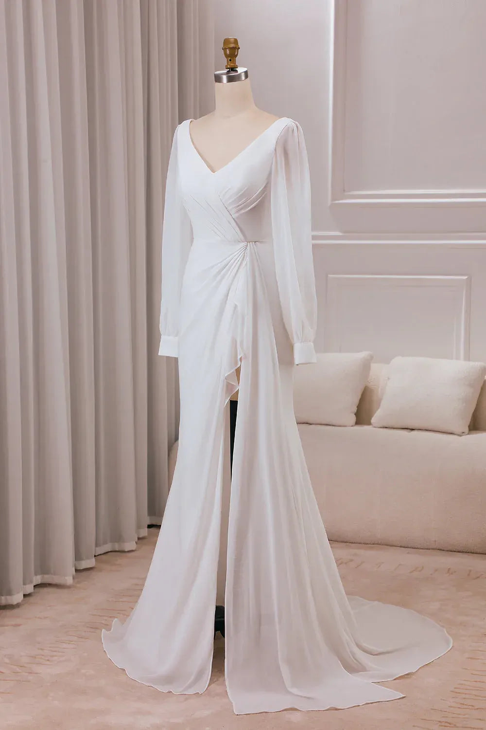 Mermaid Chiffon Bishop Sleeve High Slit Wedding Dress - Yihuiw by Yihuiw