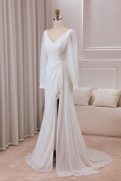 Mermaid Chiffon Bishop Sleeve High Slit Wedding Dress - Yihuiw by Yihuiw