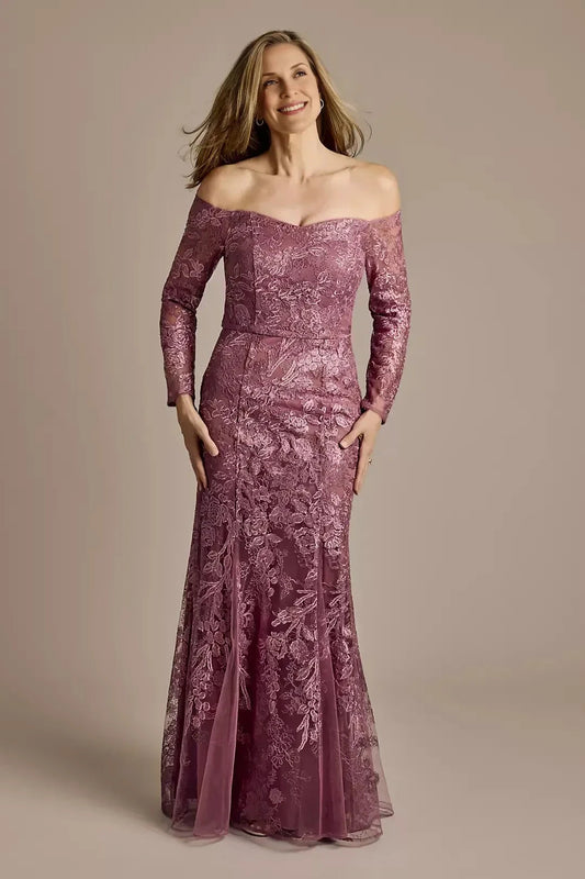 Refined Mermaid Off Shoulder Long Sleeve Lace Back Floor Length Mother of the Bride Dress by YiHuiw