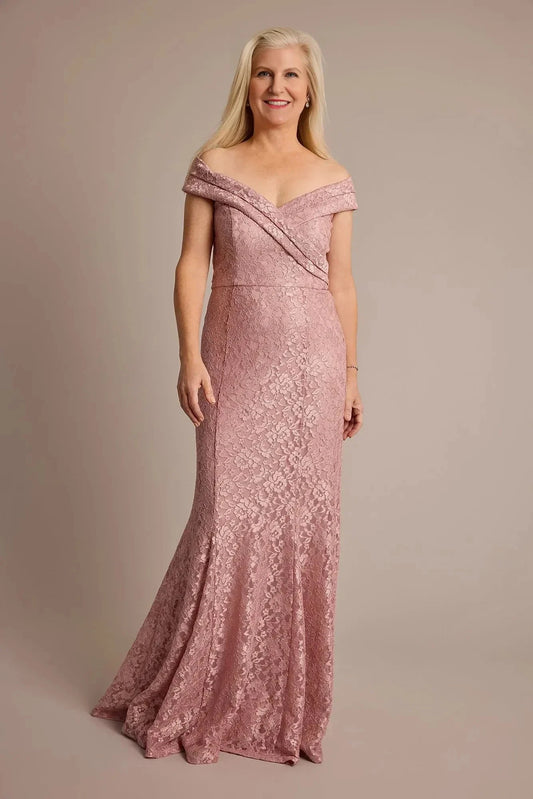 Refined Mermaid Off Shoulder Short Sleeve Lace Back Floor Length Mother of the Bride Dress by YiHuiw