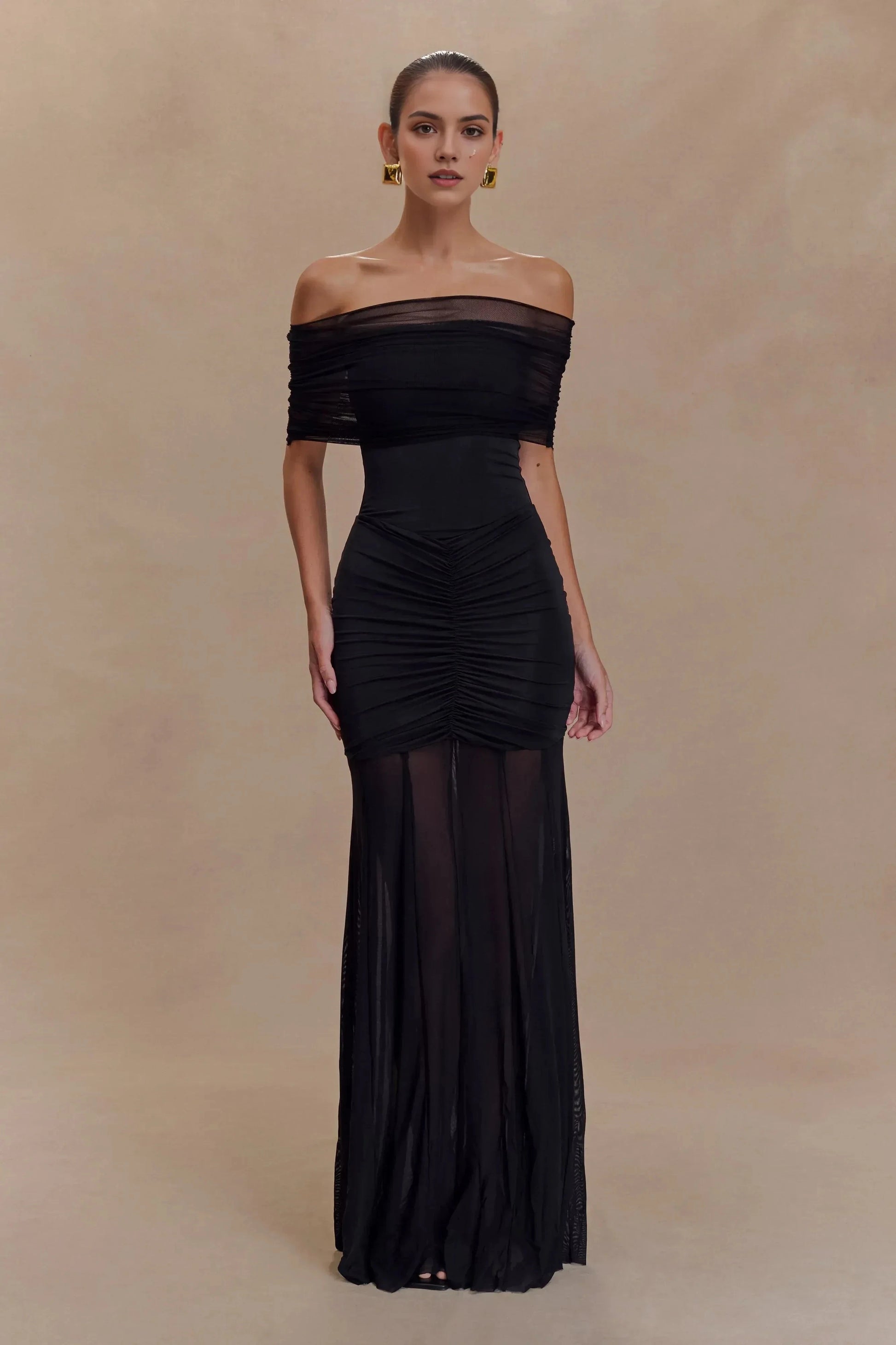 Refined Mermaid Off Shoulder Short Sleeve Ruched Back Floor Length Prom Dress by YiHuiw