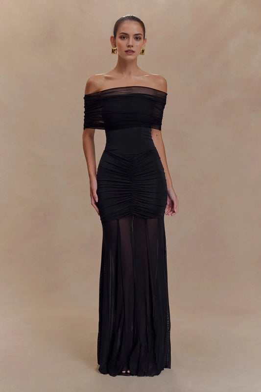 Refined Mermaid Off Shoulder Short Sleeve Ruched Back Floor Length Prom Dress by YiHuiw