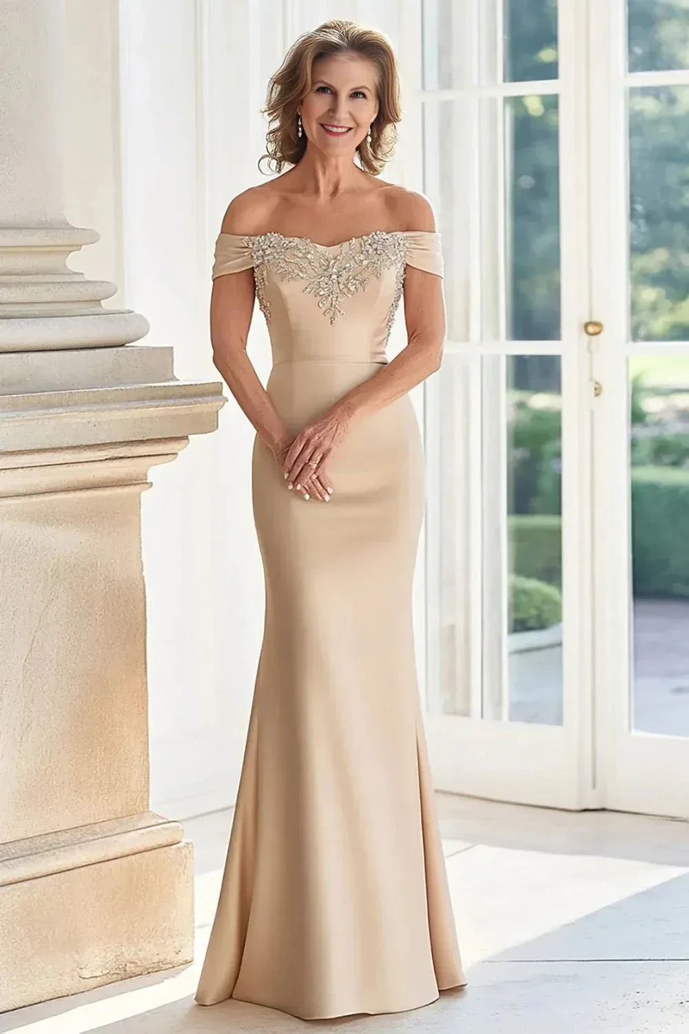 Refined Mermaid Off Shoulder Sleeveless Beaded Back Floor Length Mother of the Bride Dress by YiHuiw
