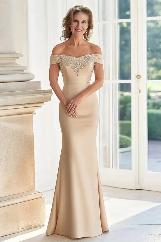 Refined Mermaid Off Shoulder Sleeveless Beaded Back Floor Length Mother of the Bride Dress by YiHuiw