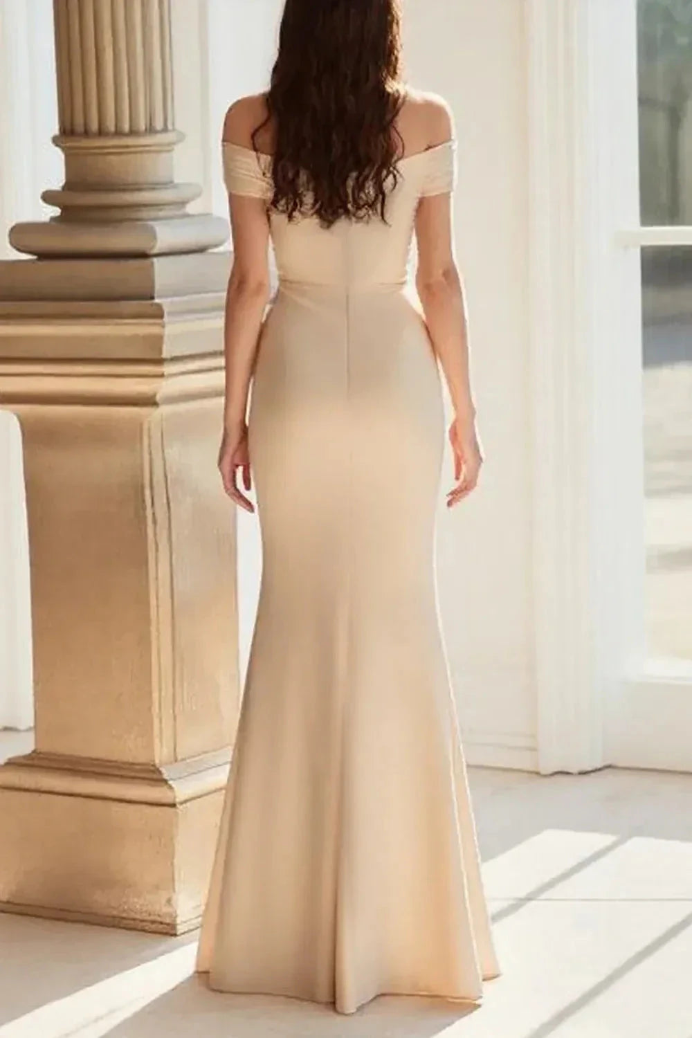 Refined Mermaid Off Shoulder Sleeveless Beaded Back Floor Length Mother of the Bride Dress by YiHuiw