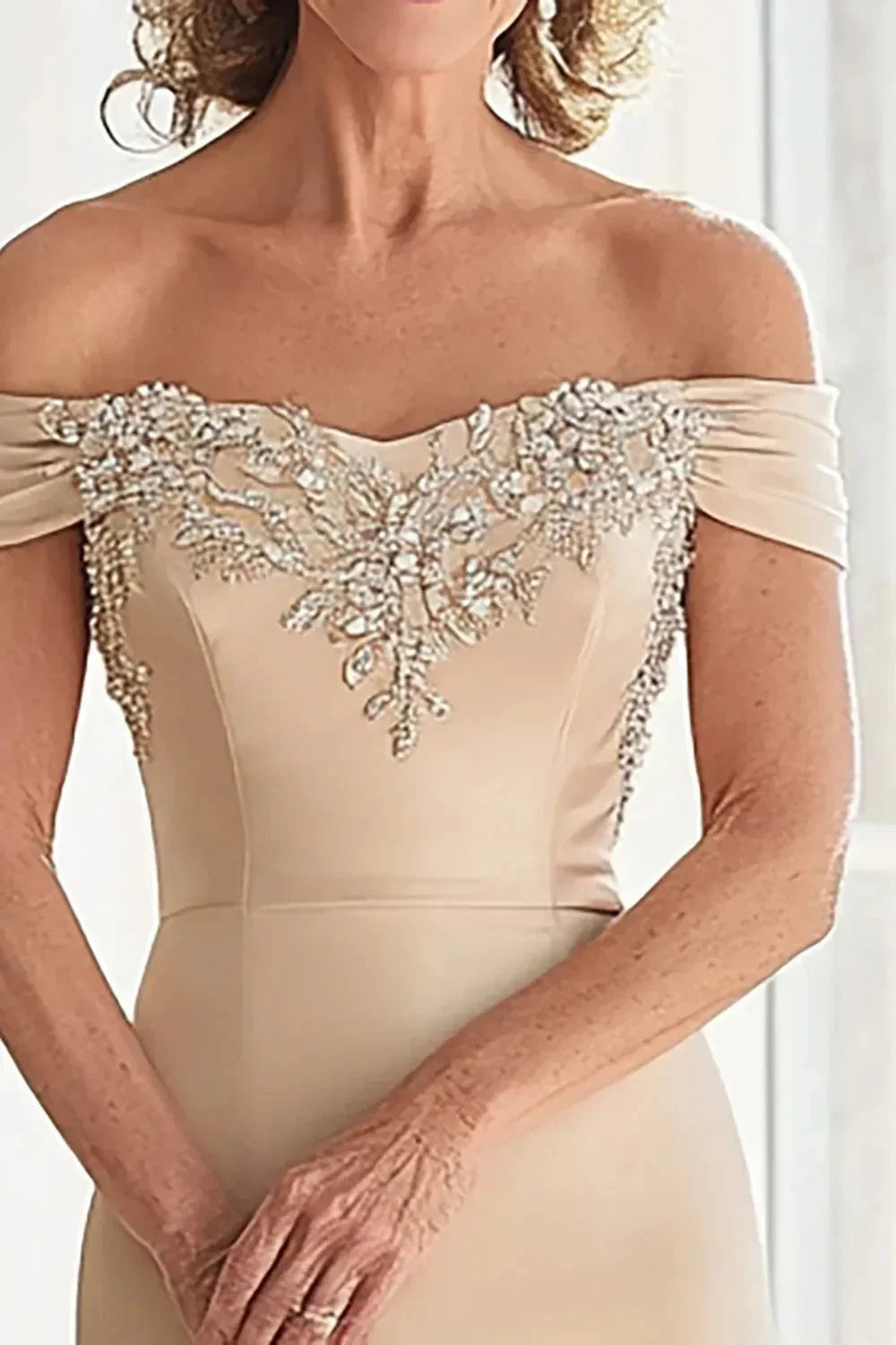 Refined Mermaid Off Shoulder Sleeveless Beaded Back Floor Length Mother of the Bride Dress by YiHuiw