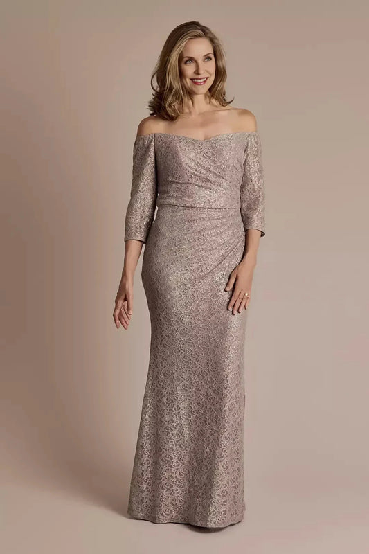Refined Mermaid Off Shoulder Three Quarter Sleeve Lace Back Floor Length Mother of the Bride Dress by YiHuiw