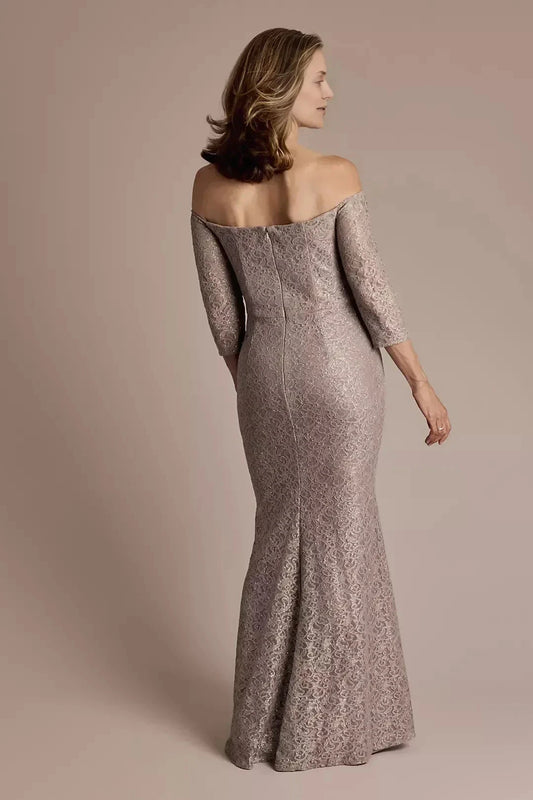 Refined Mermaid Off Shoulder Three Quarter Sleeve Lace Back Floor Length Mother of the Bride Dress by YiHuiw