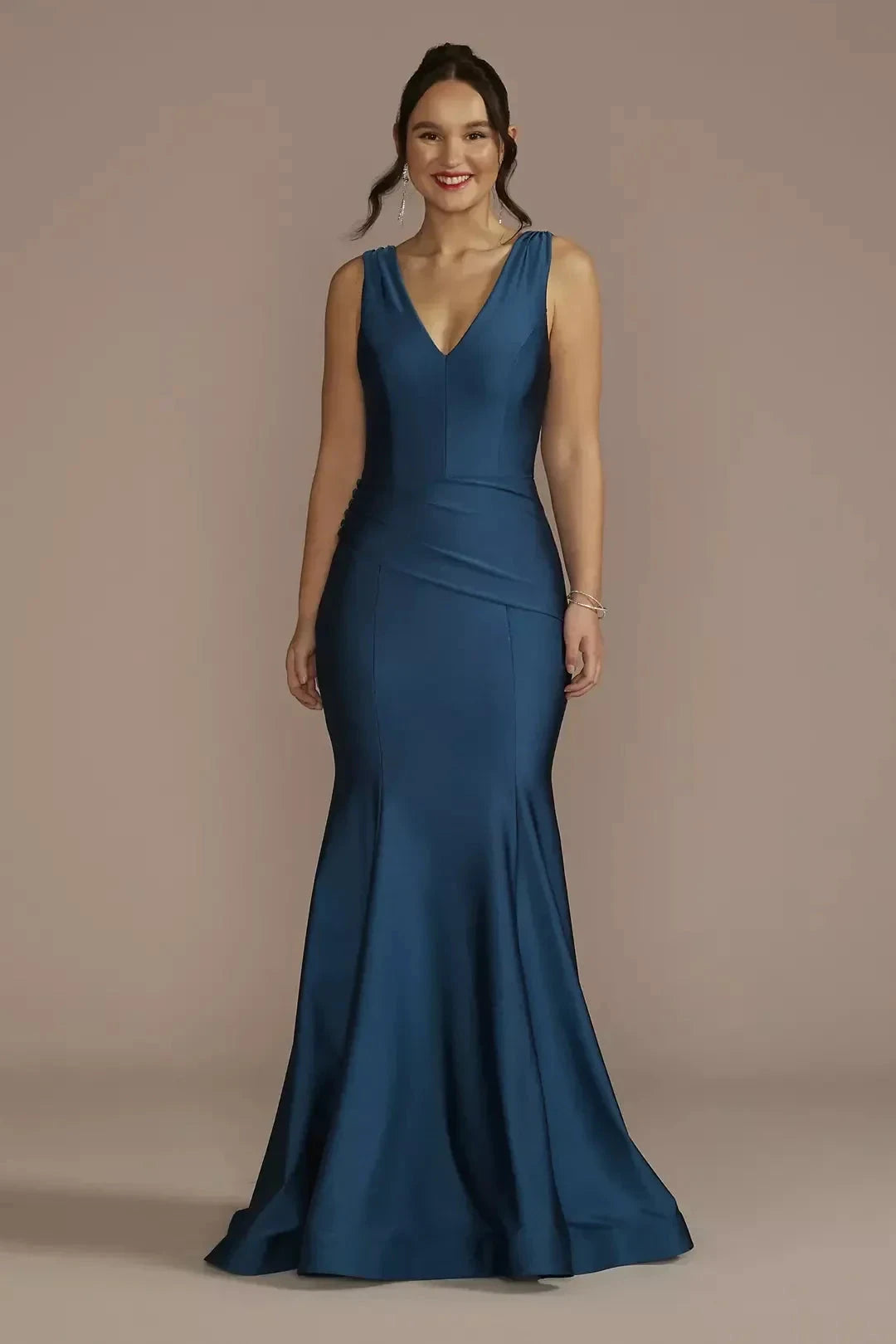 Refined Mermaid V Neck Sleeveless Ruched Back Floor Length Mother of the Bride Dress by YiHuiw