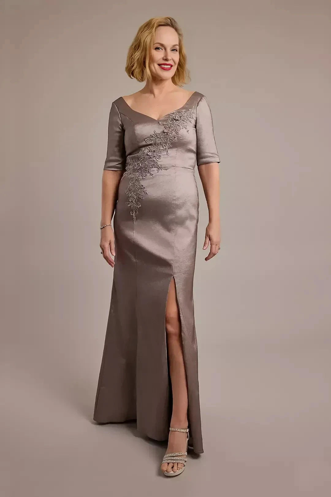 Refined Mermaid V Neck Three Quarter Sleeve Ruched Back Floor Length Mother of the Bride Dress by YiHuiw