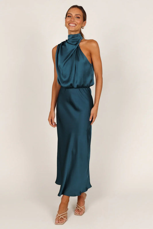 Halter Satin Asymmetric Midi Wedding Dress - Yihuiw by Yihuiw