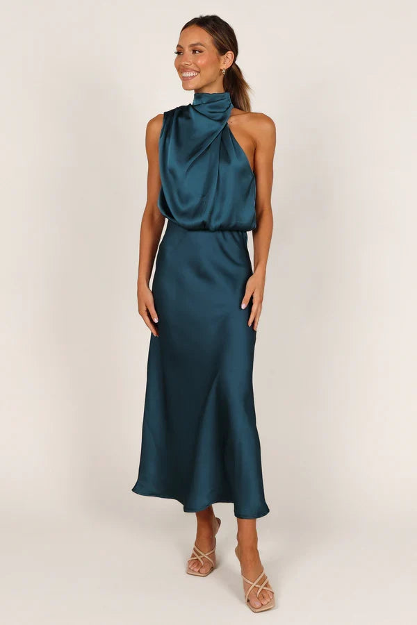 Halter Satin Asymmetric Midi Wedding Dress - Yihuiw by Yihuiw