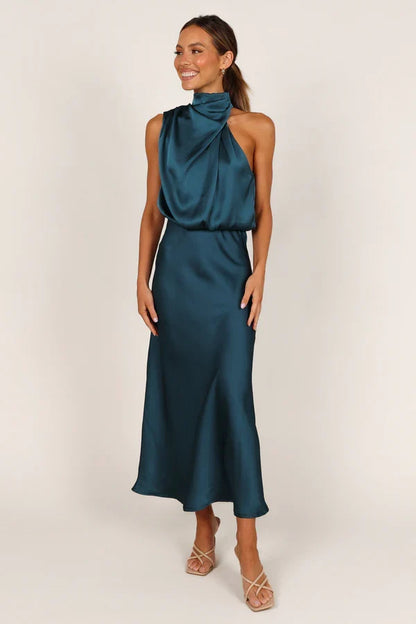 Halter Satin Asymmetric Midi Wedding Dress - Yihuiw by Yihuiw