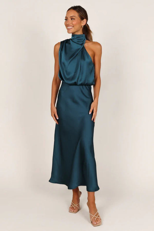 Halter Satin Asymmetric Midi Wedding Dress - Yihuiw by Yihuiw