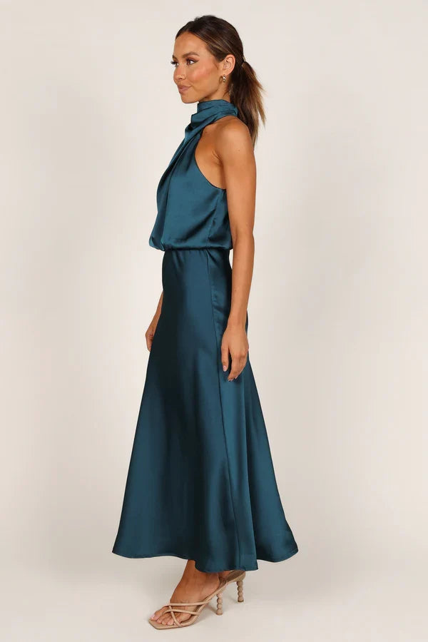 Halter Satin Asymmetric Midi Wedding Dress - Yihuiw by Yihuiw