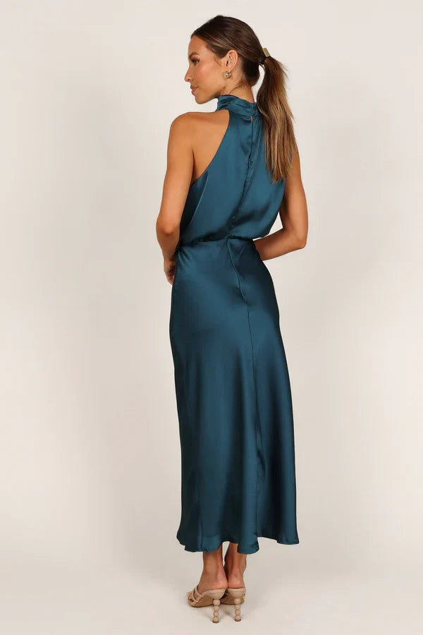 Halter Satin Asymmetric Midi Wedding Dress - Yihuiw by Yihuiw