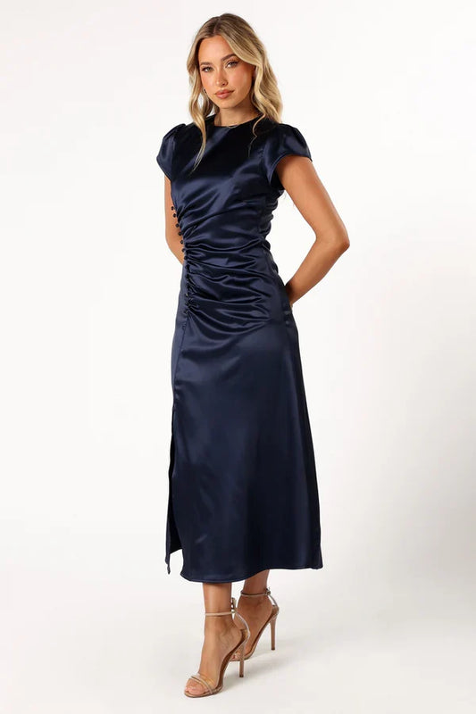 Satin Ruched Midi Wedding Dress - Yihuiw by Yihuiw