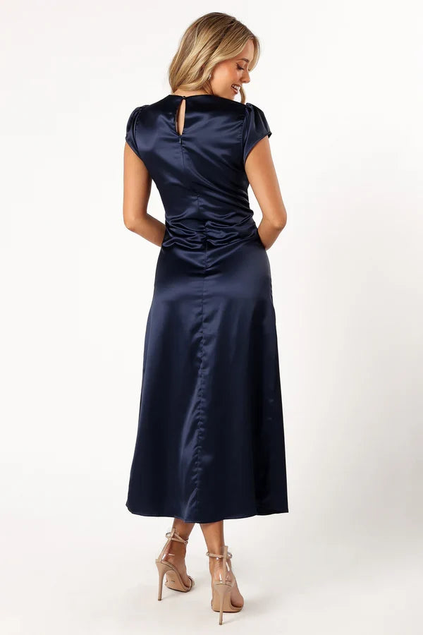Satin Ruched Midi Wedding Dress - Yihuiw by Yihuiw