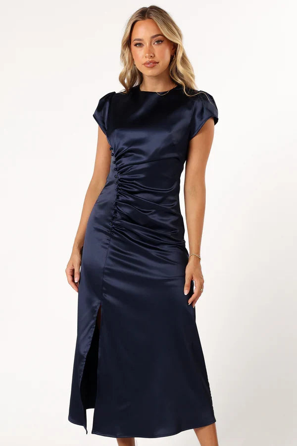 Satin Ruched Midi Wedding Dress - Yihuiw by Yihuiw
