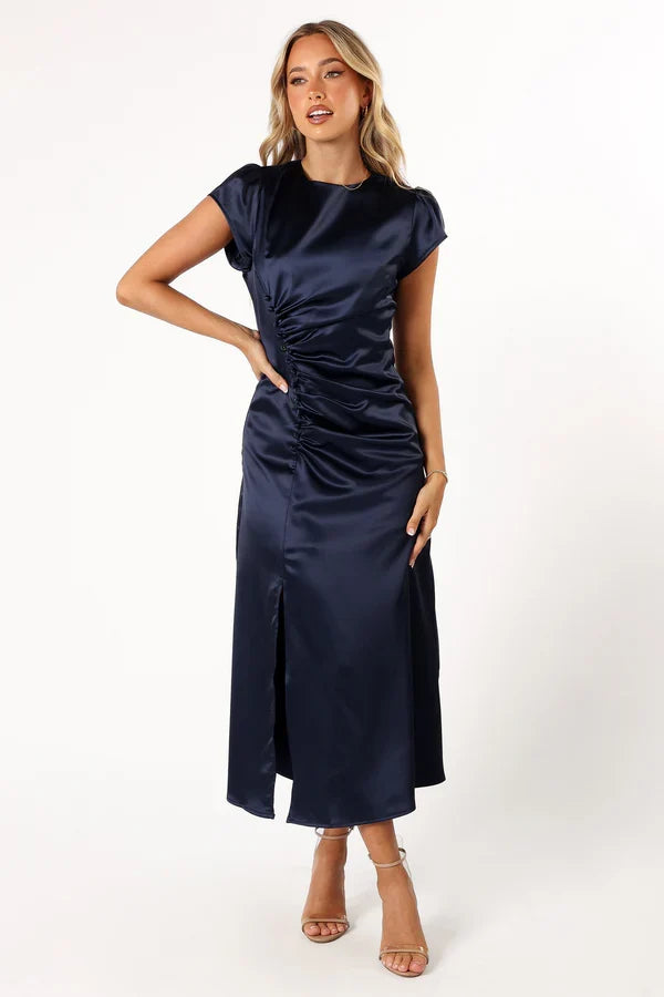 Satin Ruched Midi Wedding Dress - Yihuiw by Yihuiw