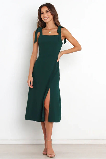 Square Neck High Slit Midi Wedding Dress - Yihuiw by Yihuiw